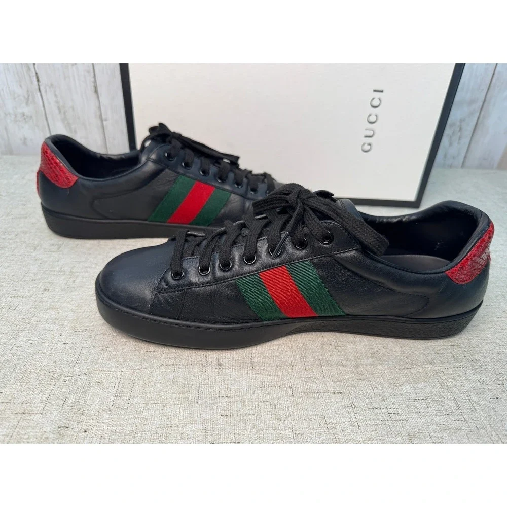 Gucci Ace Low Top Sneakers Black Leather Web Stripe Men's 9 Authentic w/ Box
